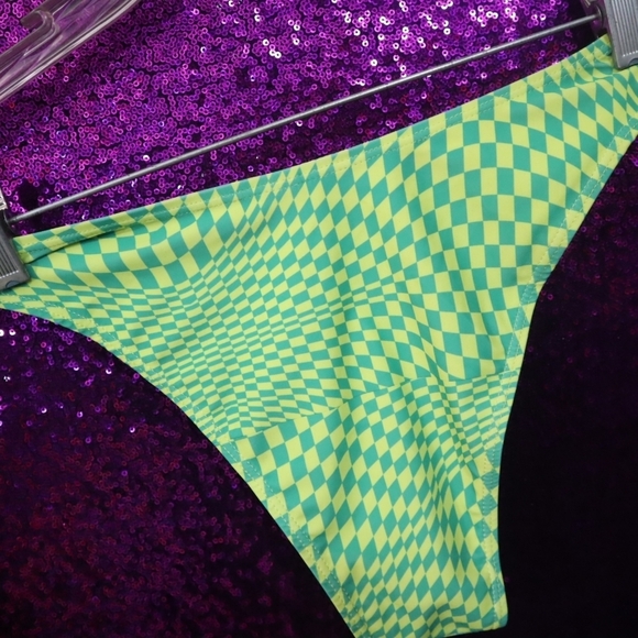 CHECKERBOARD BIKINI L Shein Strapless Cheeky Cute Summer Neon Dayglo Bright - Picture 6 of 7